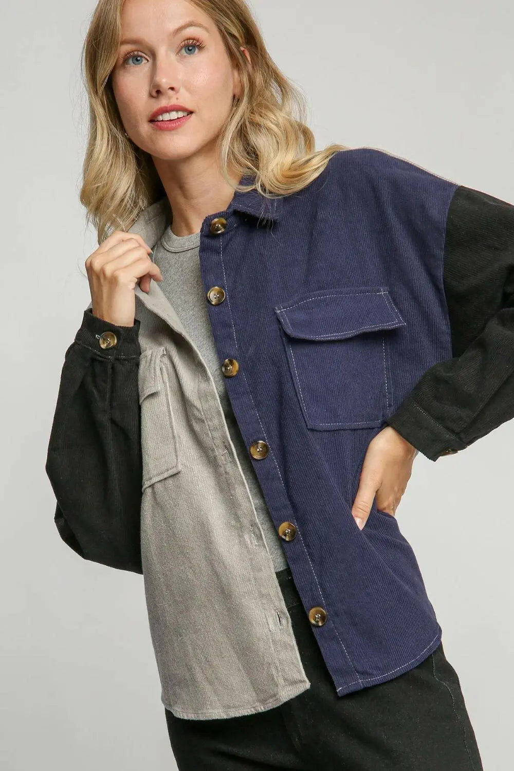 Umgee Full Size Color Block Button Down Jacket Plus Size.