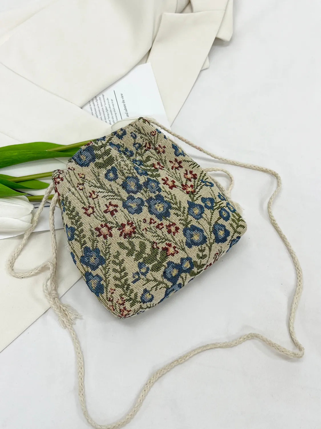 Rope Drawstring Floral Bucket Bag.
