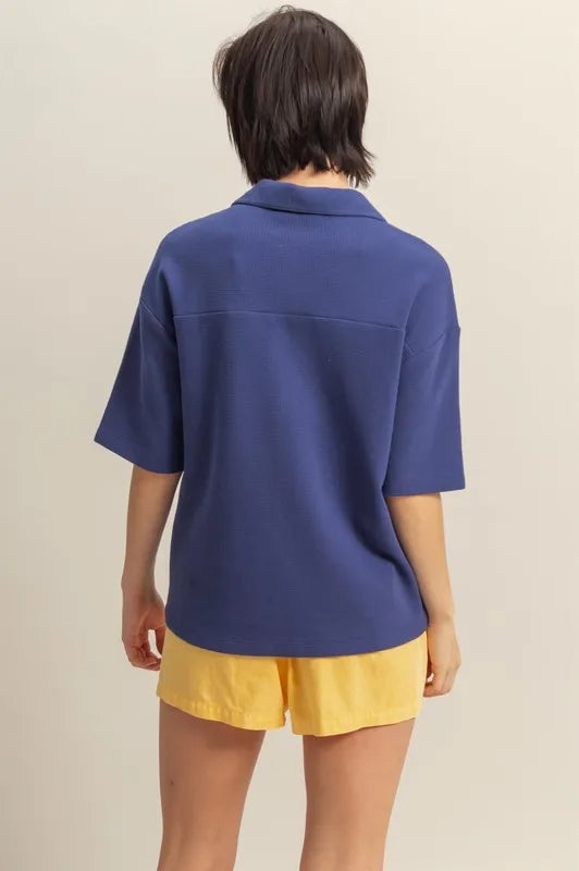 HYFVE Collared Neck Button Down Waffle Shirt - Premium Women's Down Shirt Tops from Trendsi - Just $35.56! Shop now at Handbags Specialist Headquarter