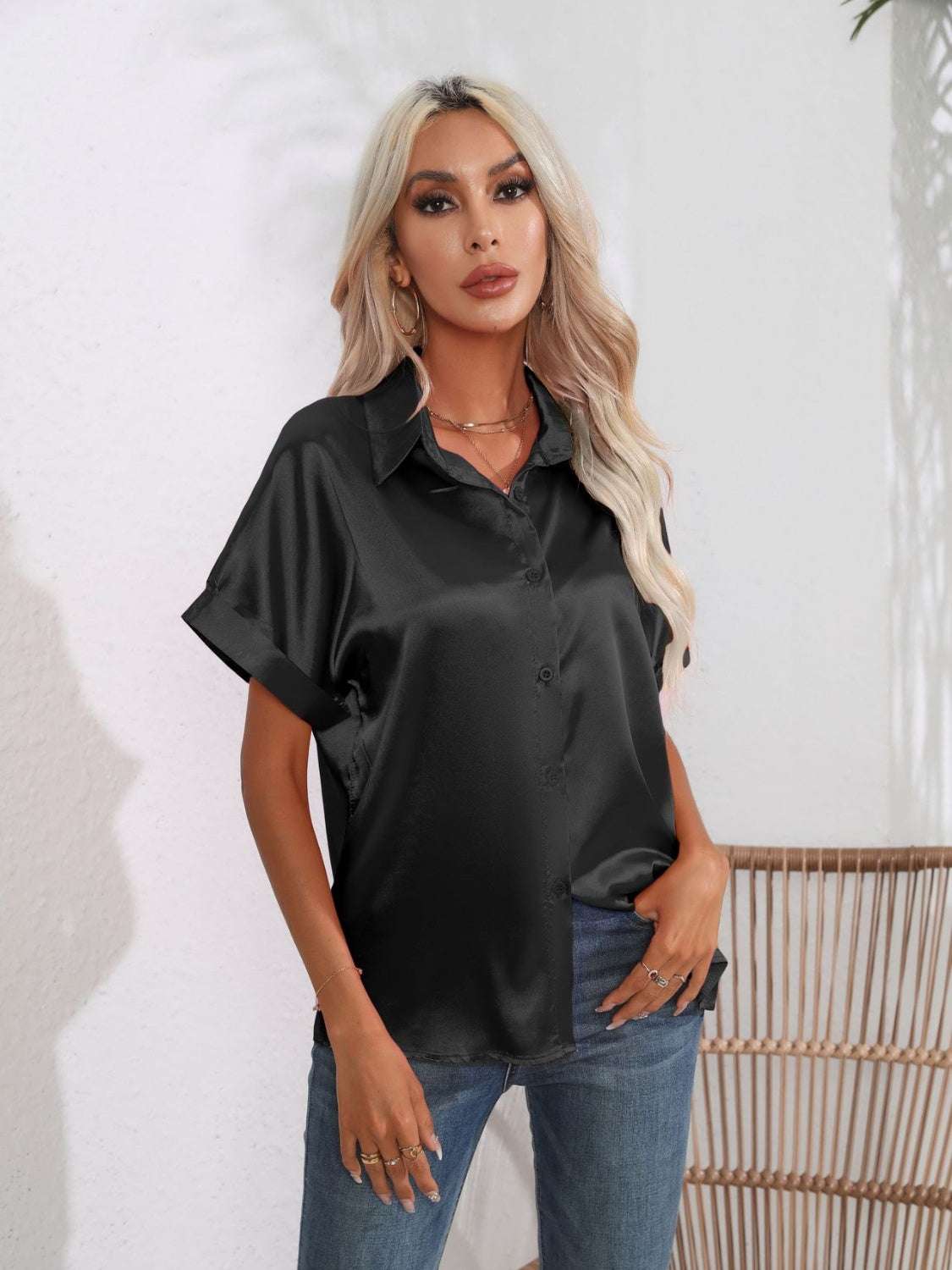 Button Down Collared Neck Short Sleeve Satin Shirt - Premium Women / Tops from Trendsi - Just $18.76! Shop now at Handbags Specialist Headquarter
