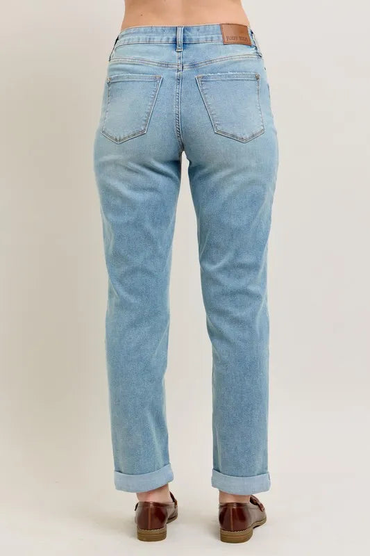 Judy Blue Full Size V-Front Cuff Boyfriend Jeans Plus Size - Premium Women / Jeans & Denim from Trendsi - Just $58.99! Shop now at Handbags Specialist Headquarter