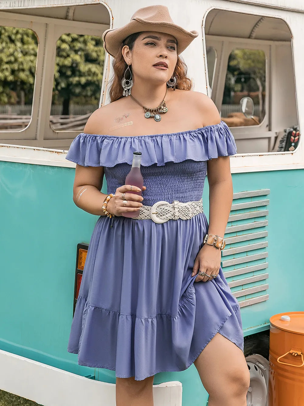 Plus Size Ruffled Smocked Off-Shoulder Mini Dress - Premium Dresses from Trendsi - Just $37.99! Shop now at Handbags Specialist Headquarter
