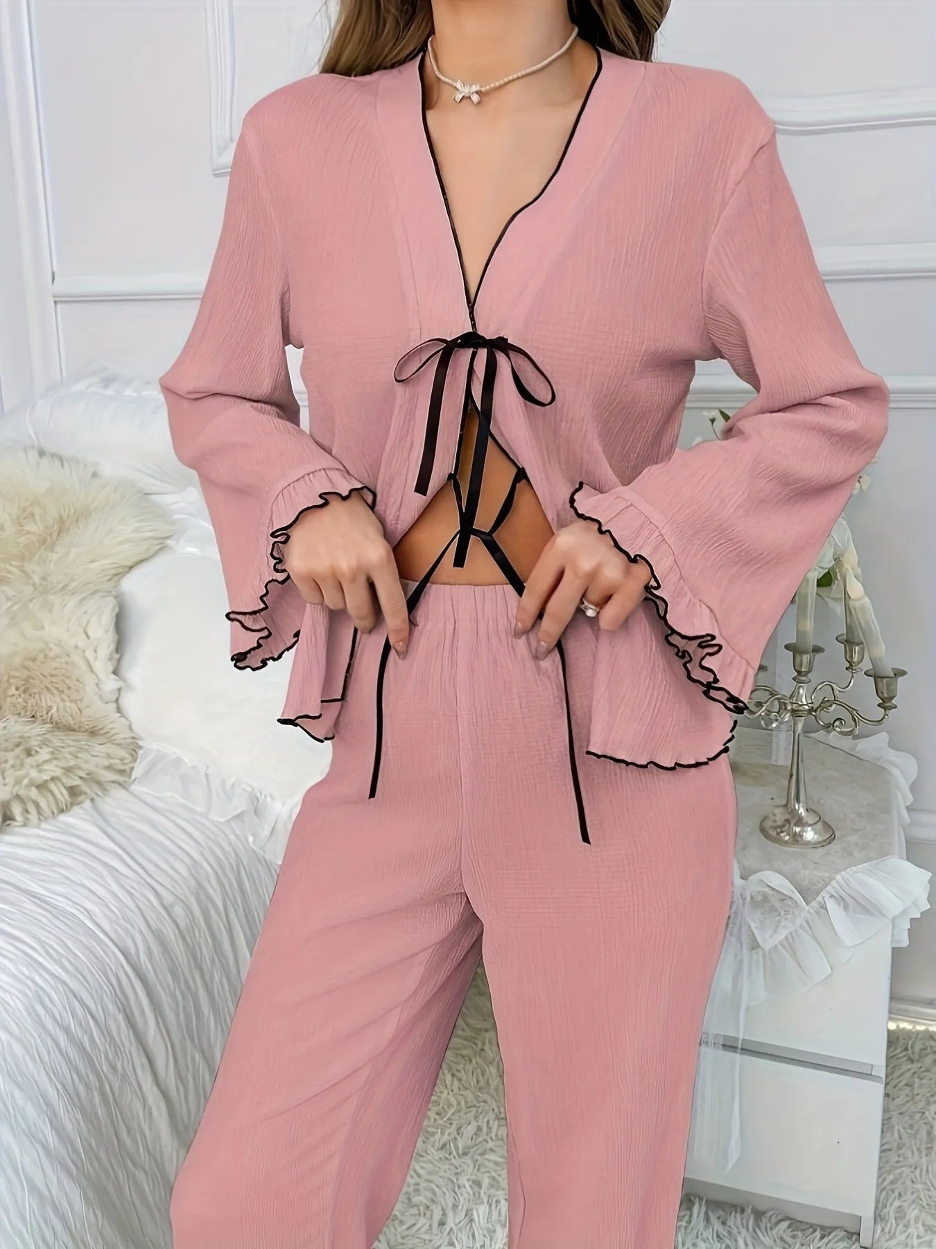 Contrast Trim Bow Tie Shirt and Pants Lounge Set - Premium Sleepwear from Trendsi - Just $31.99! Shop now at Handbags Specialist Headquarter
