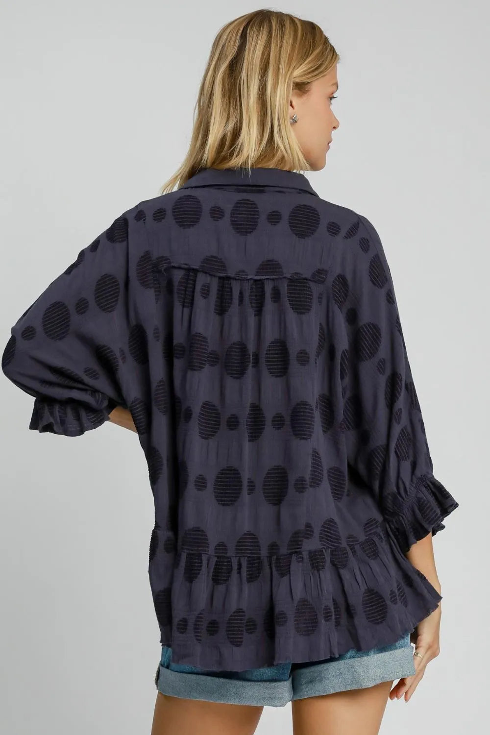 Umgee Full Size Swiss Dot Half Button Flounce Sleeve Blouse Plus Size - Premium Dresses from Trendsi - Just $53.99! Shop now at Handbags Specialist Headquarter