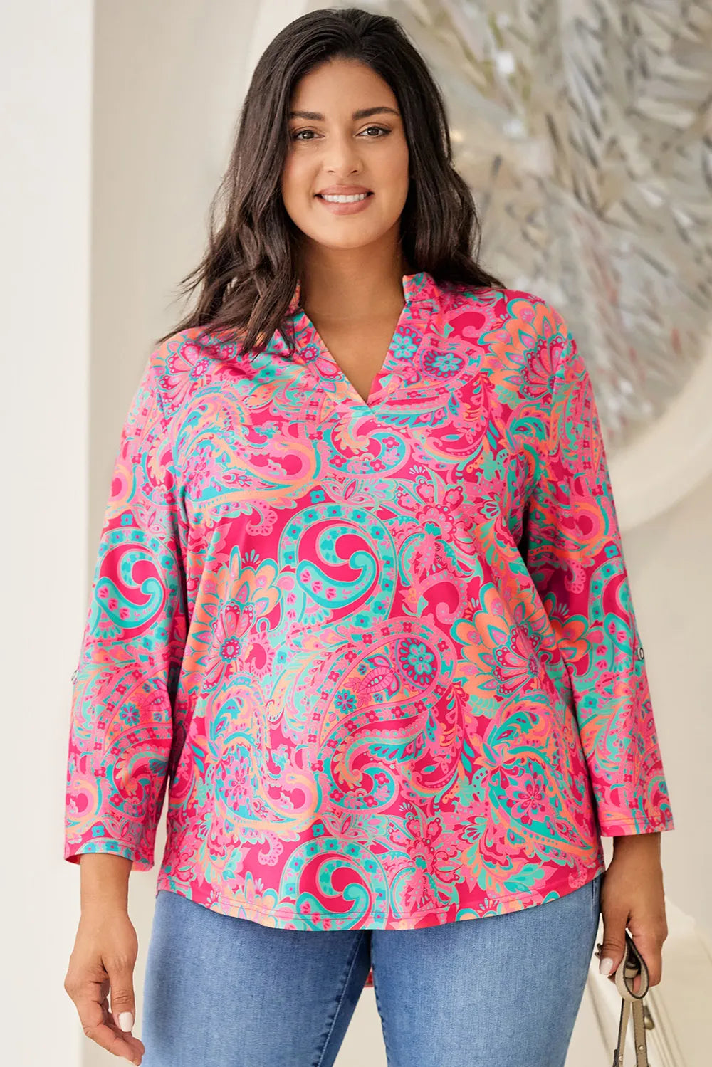 Plus Size Printed Notched Long Sleeve Blouse - Premium Plus Size Shirts from Trendsi - Just $24! Shop now at Handbags Specialist Headquarter