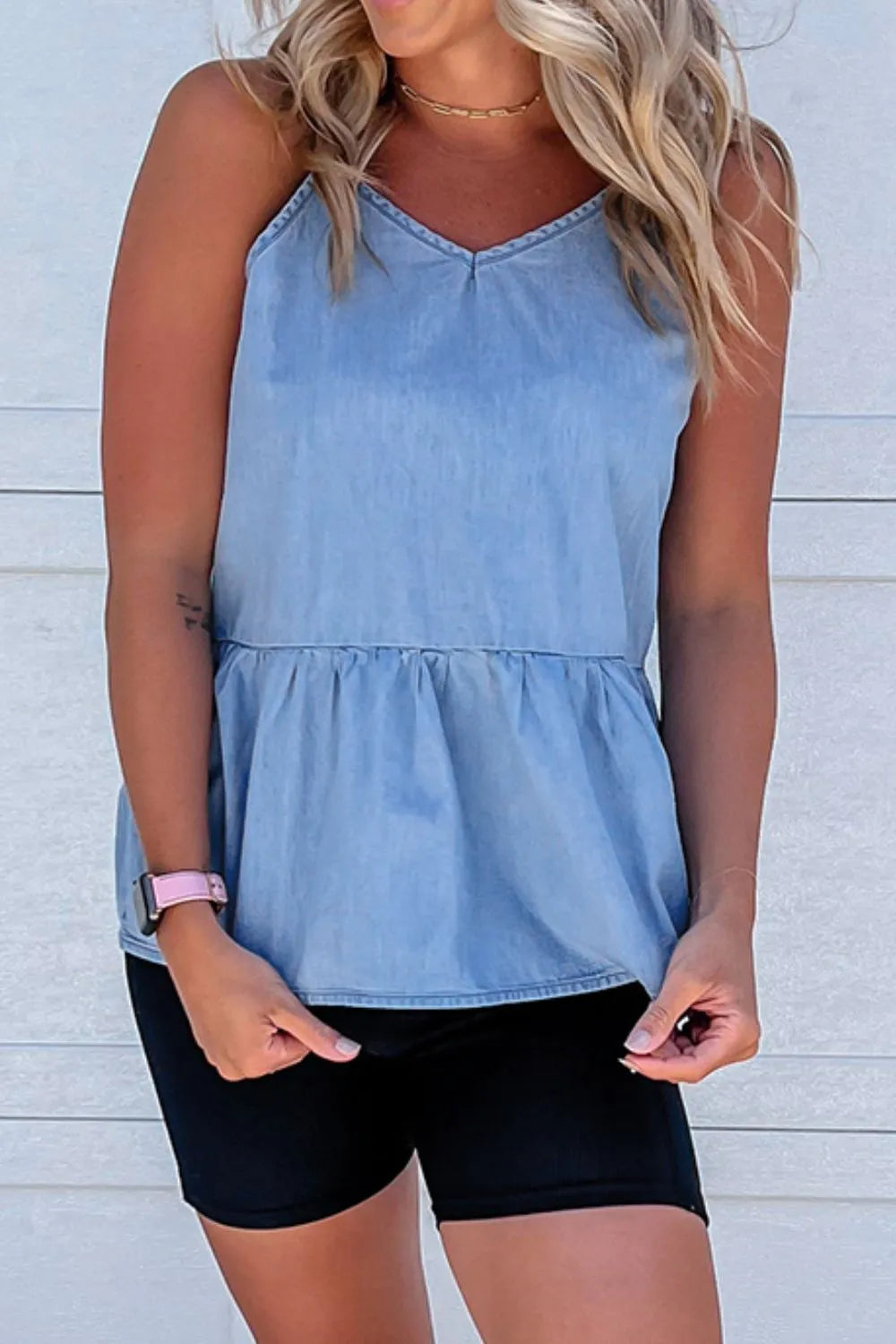 Ruffled Spaghetti Straps Denim Tank Top - Premium Women / Jeans & Denim from Trendsi - Just $28.70! Shop now at Handbags Specialist Headquarter