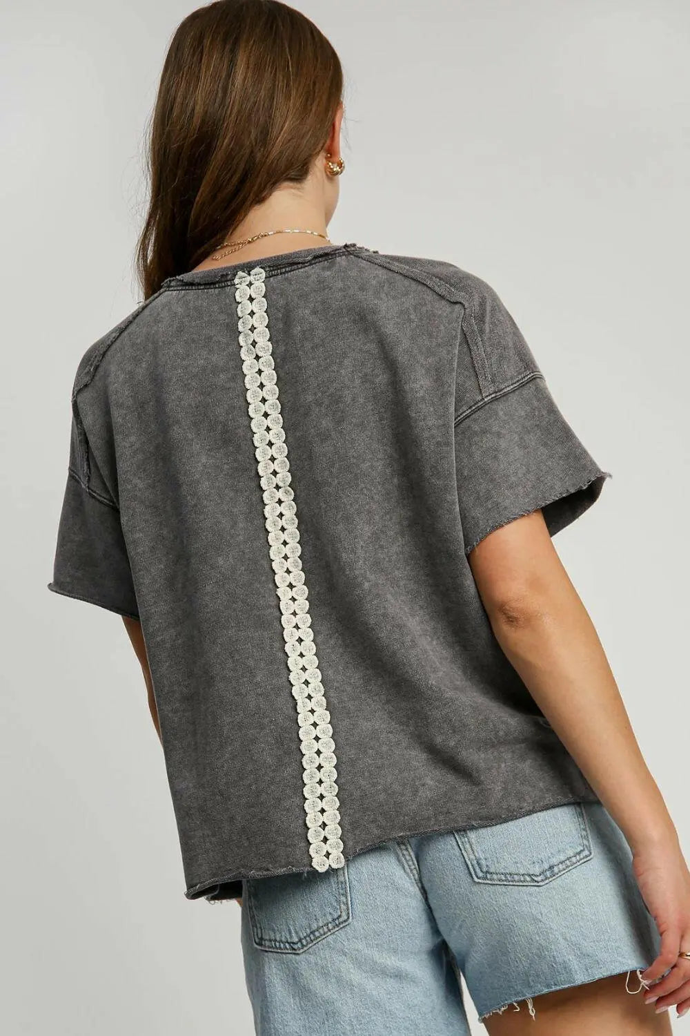 Umgee Full Size Mineral Wash T-Shirt with Lace Applique Plus Size.