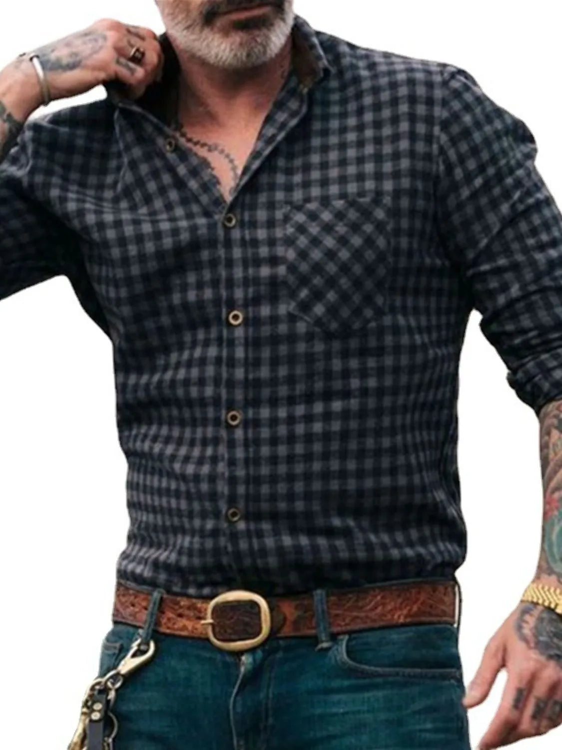 Men's Plus Size Plaid Button Up Long Sleeve Shirt - Premium Men's Shirt's from Trendsi - Just $26.40! Shop now at Handbags Specialist Headquarter
