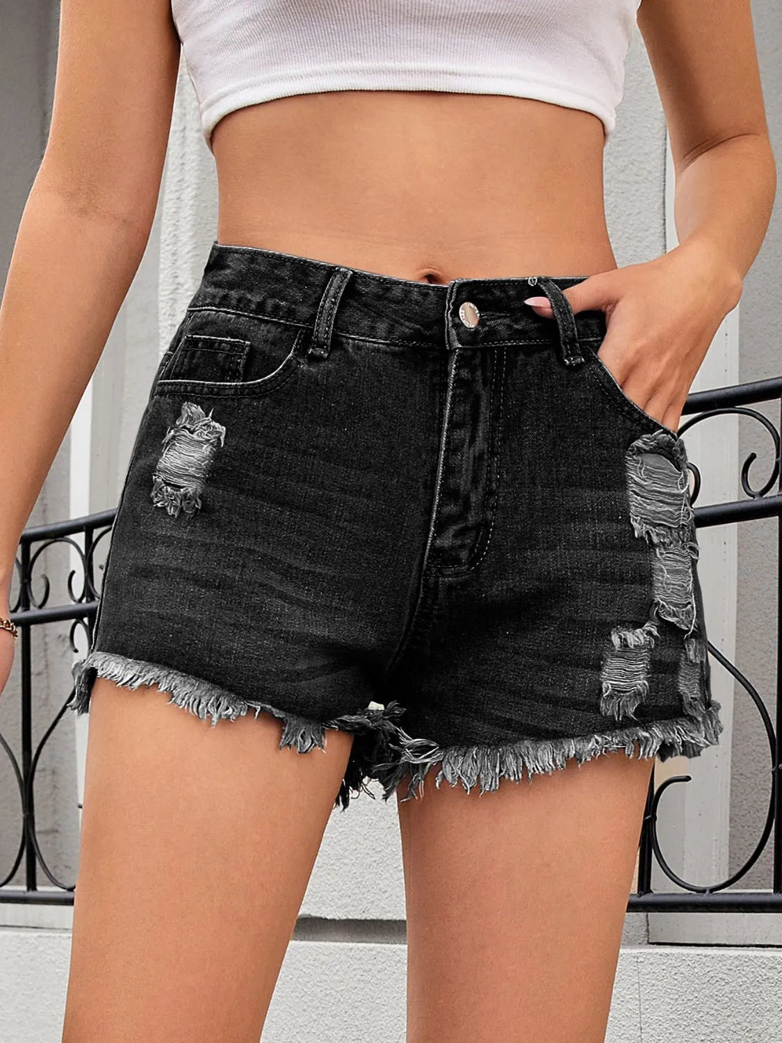 Distressed Raw Hem Denim Shorts - Premium Women / Jeans & Denim from Trendsi - Just $24.80! Shop now at Handbags Specialist Headquarter