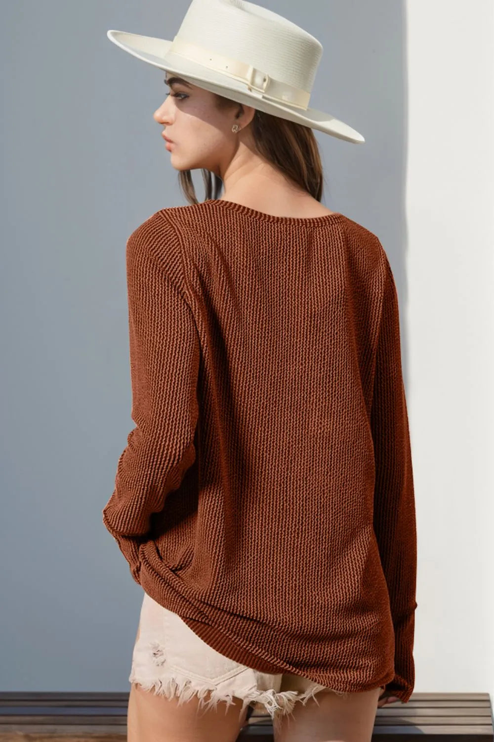 Double Take Full Size Notched Thumbhole Long Sleeve T-Shirt - Premium Tops from Trendsi - Just $25.88! Shop now at Handbags Specialist Headquarter