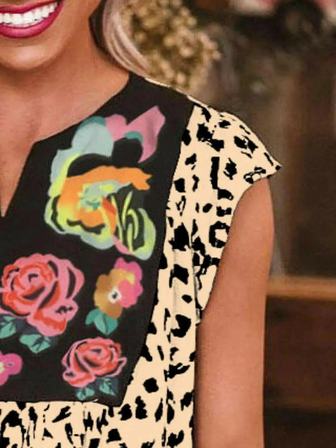 Full Size Leopard Floral Notched Cap Sleeve Blouse Plus Size.