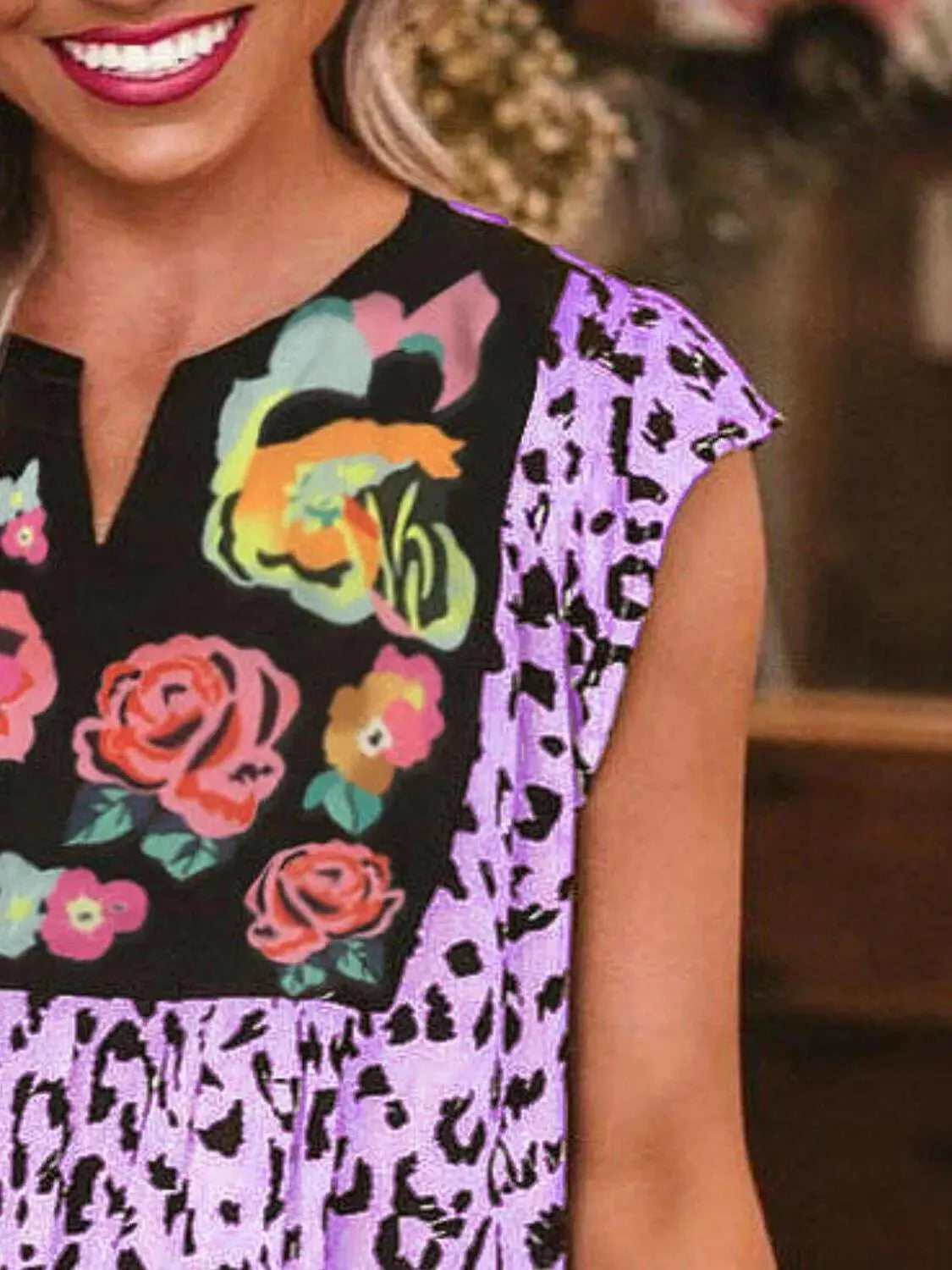 Full Size Leopard Floral Notched Cap Sleeve Blouse Plus Size.