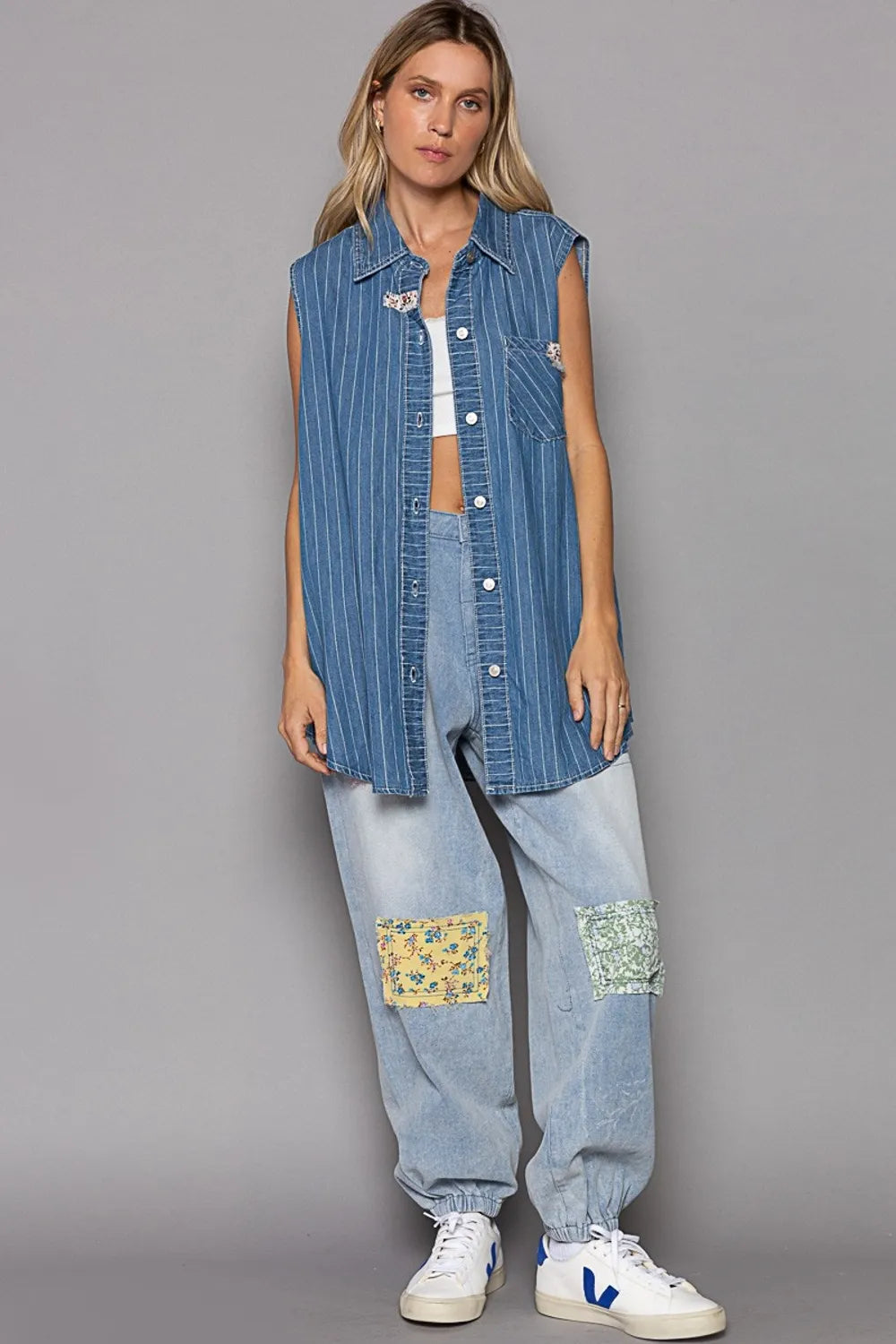 POL Button Down Sleeveless Striped Denim Shirt - Premium Women / Jeans & Denim from Trendsi - Just $43.86! Shop now at Handbags Specialist Headquarter