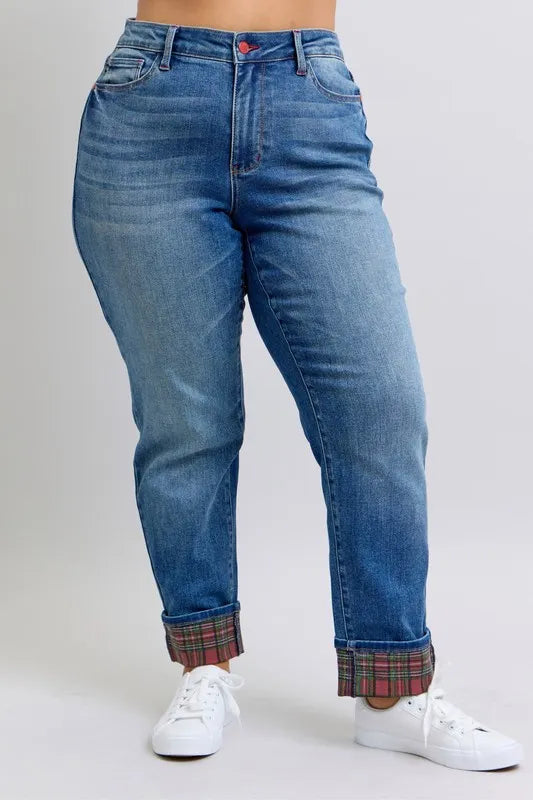 Judy Blue Full Size Mr Plaid Print Cuff Bf Jeans Plus Size - Premium Women / Jeans & Denim from Trendsi - Just $66.99! Shop now at Handbags Specialist Headquarter