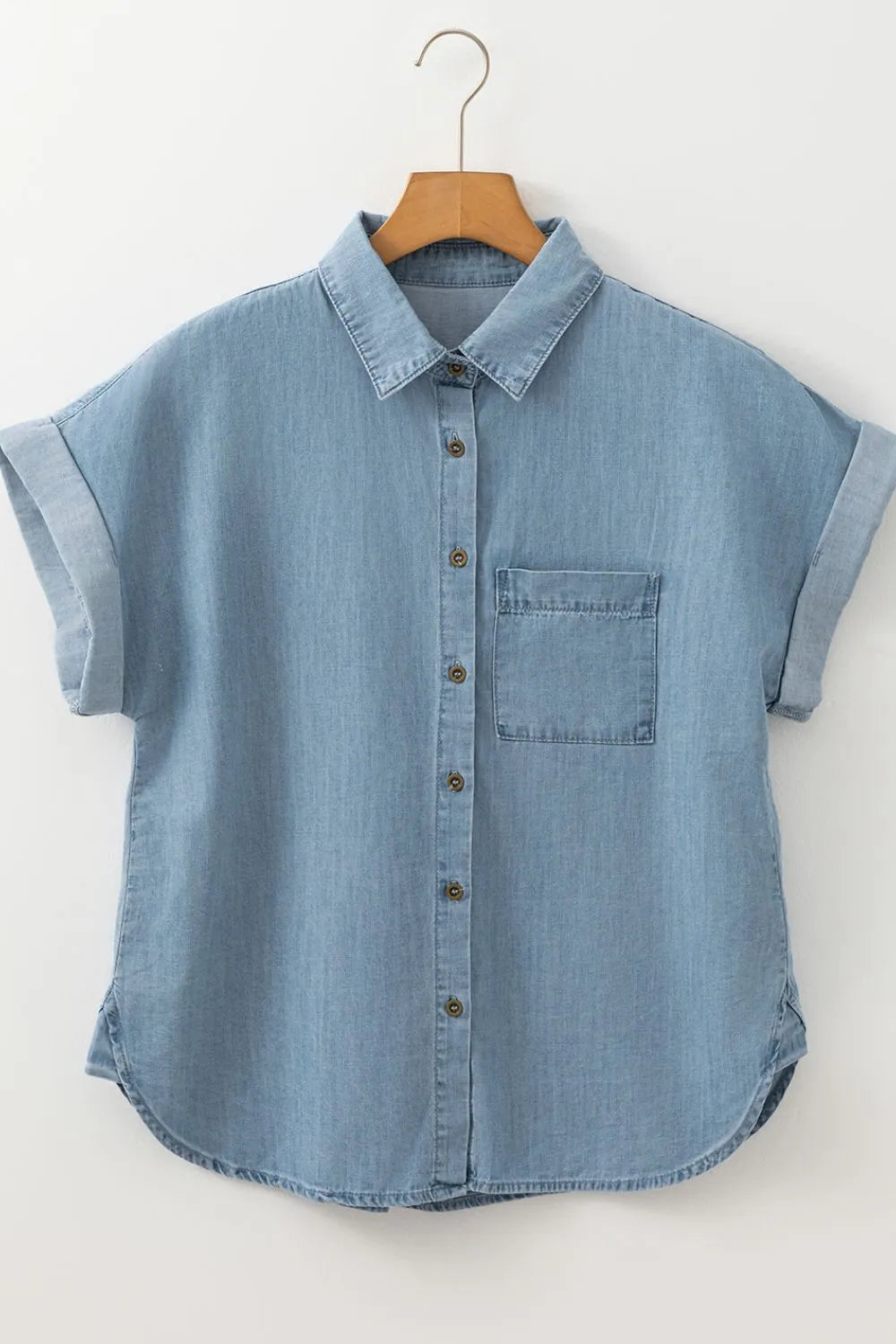 Folded Short Sleeve Patched Pocket Denim Shirt - Premium Women / Jeans & Denim from Trendsi - Just $48.76! Shop now at Handbags Specialist Headquarter