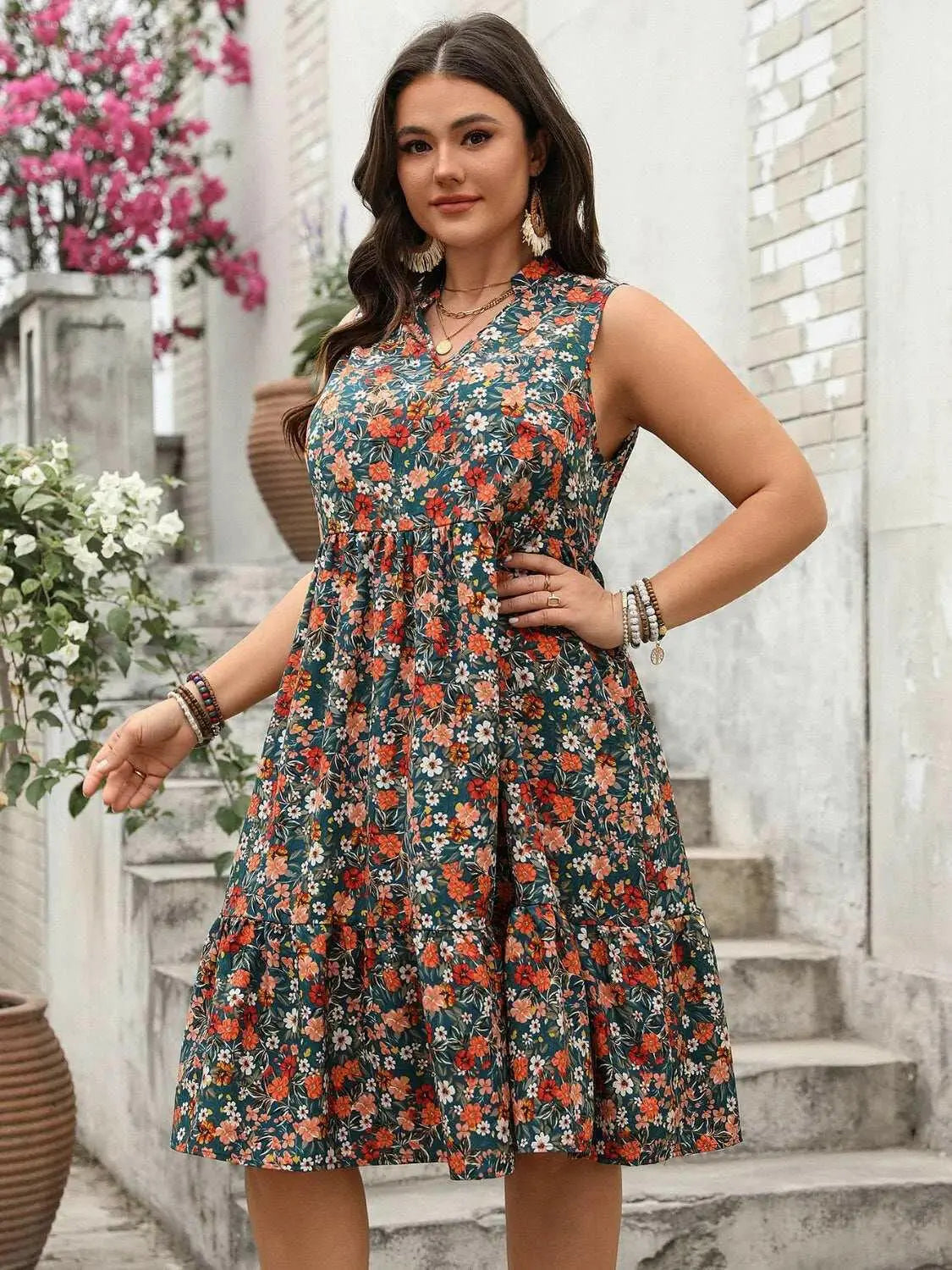 Plus Size Floral Notched Sleeveless Dress.