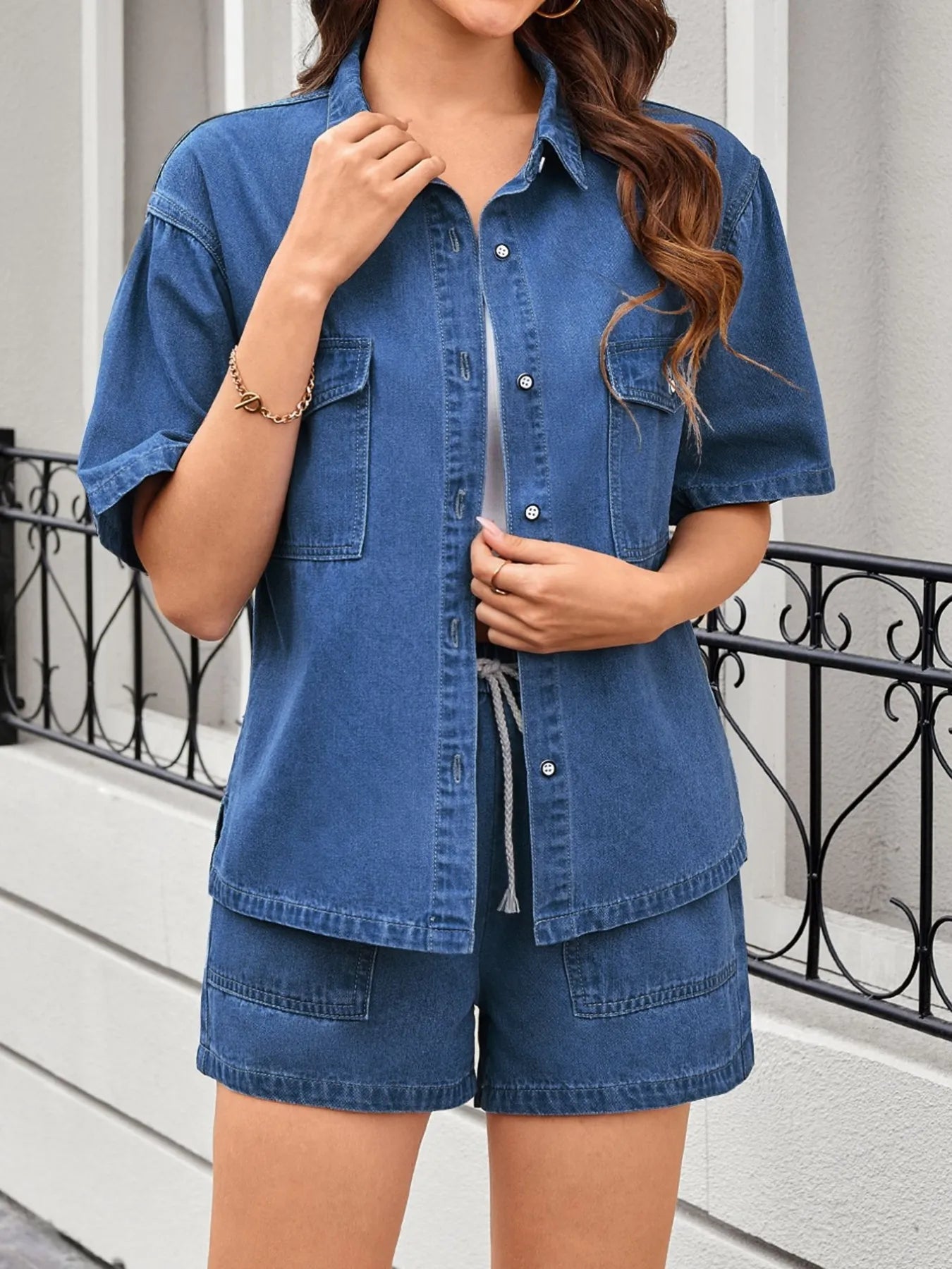 Casual Drop Shoulder Denim Shirt & Shorts Set - Premium Women / Jeans & Denim from Trendsi - Just $75.04! Shop now at Handbags Specialist Headquarter