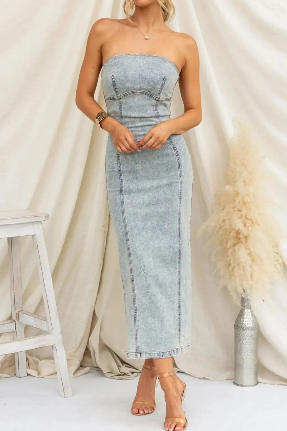Slit Back Tube Denim Dress - Premium Women / Jeans & Denim from Trendsi - Just $46.80! Shop now at Handbags Specialist Headquarter