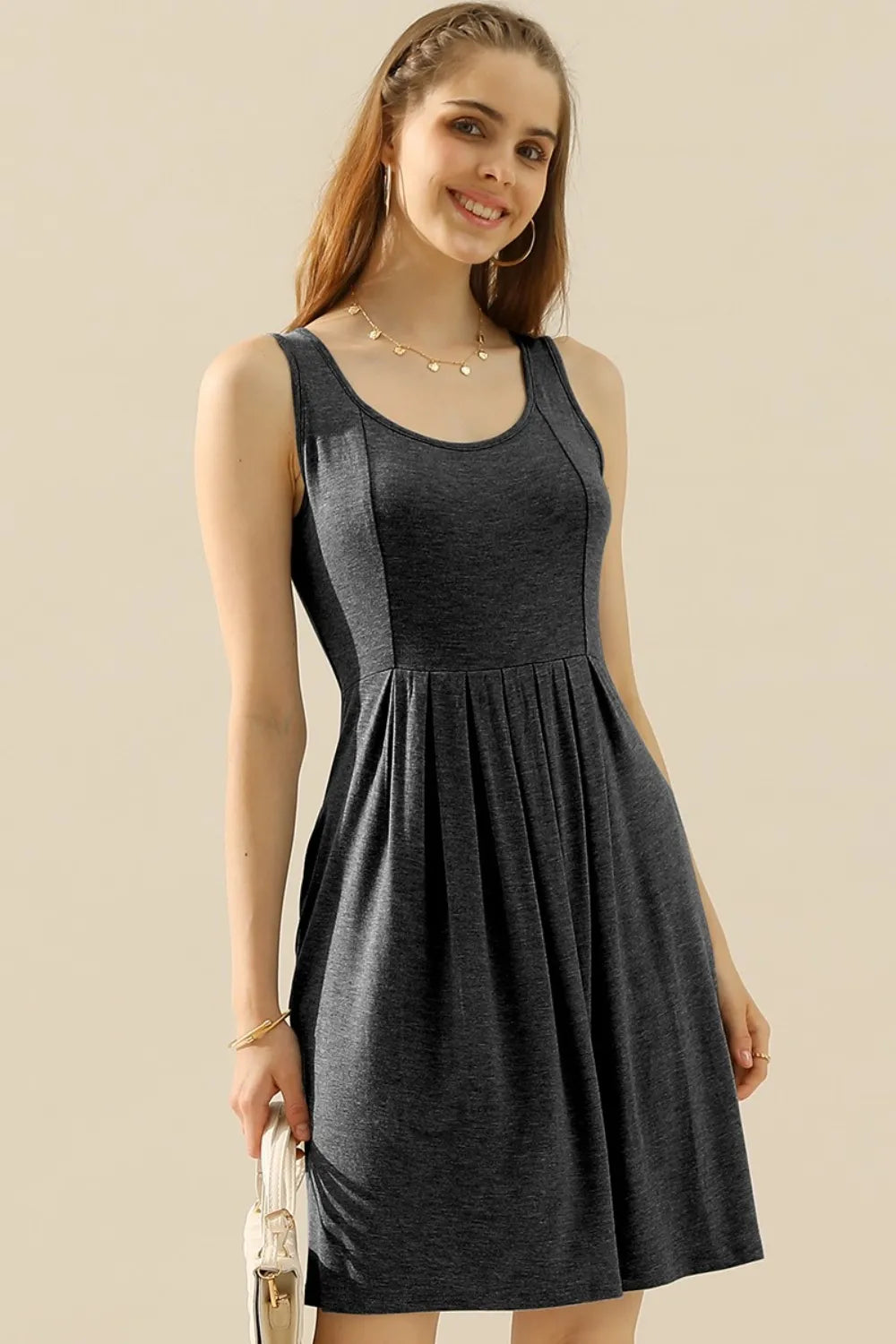 Doublju Full Size Round Neck Ruched Sleeveless Dress with Pockets - Premium Dresses from Trendsi - Just $15.99! Shop now at Handbags Specialist Headquarter