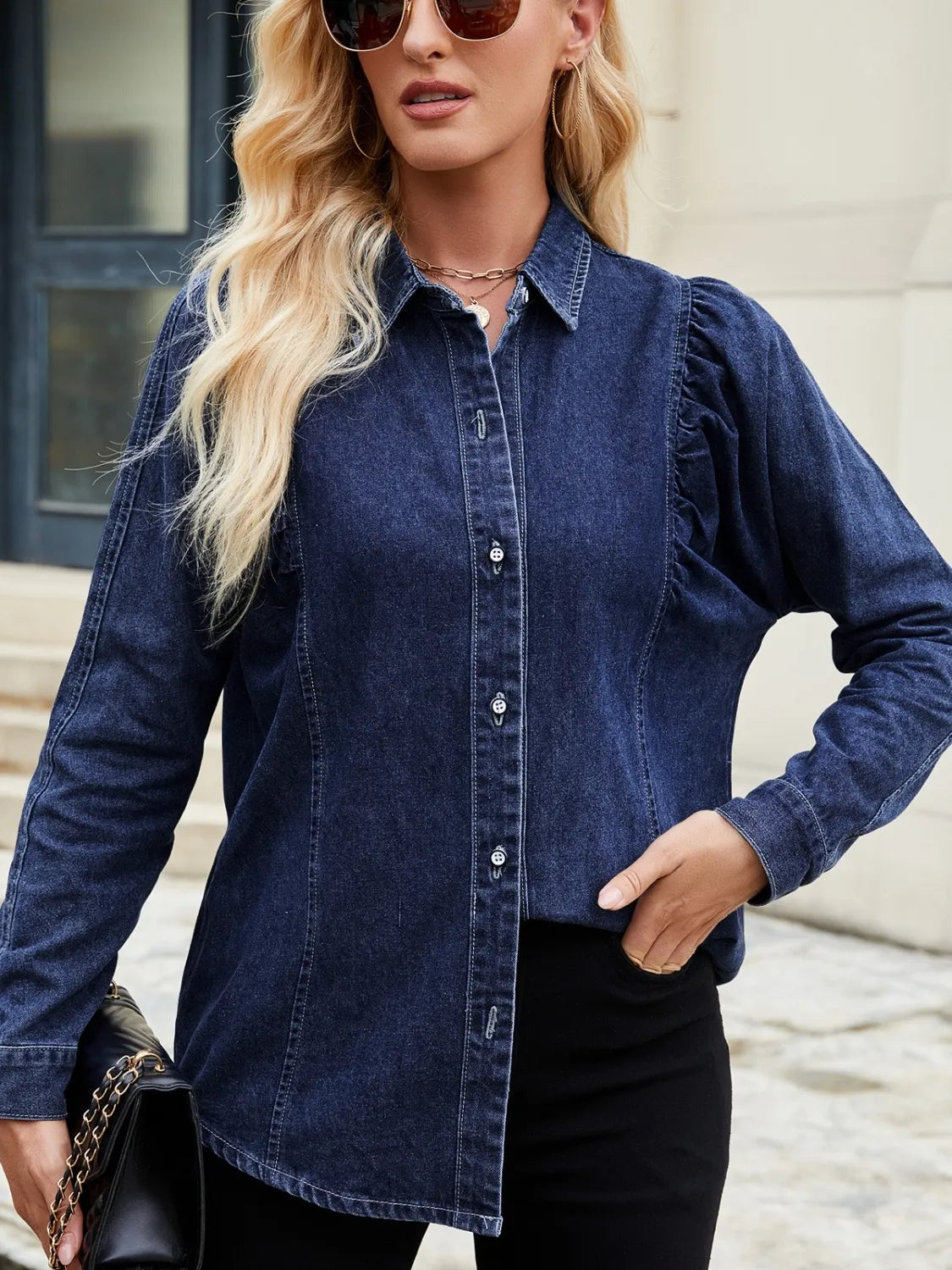 Button Down Collared Neck Denim Shirt - Premium Women / Jeans & Denim from Trendsi - Just $36.76! Shop now at Handbags Specialist Headquarter