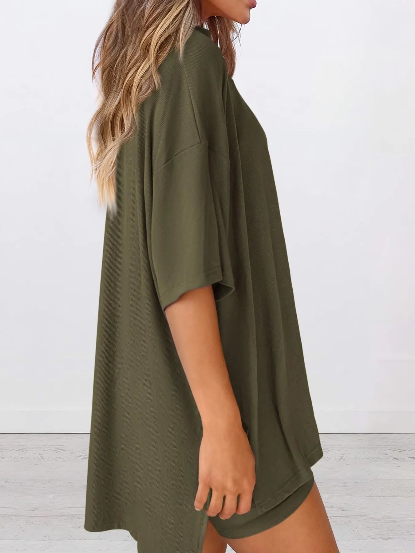 Full Size Oversized Slit Round Neck Top and Shorts Lounge Set Plus Size - Premium Sleepwear from Trendsi - Just $28.99! Shop now at Handbags Specialist Headquarter
