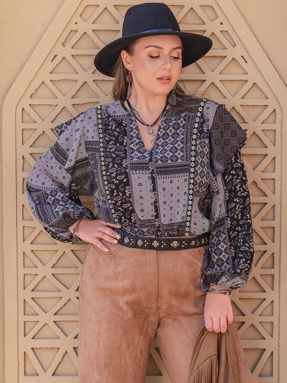 Plus Size Ruffled Printed Notched Long Sleeve Blouse - Premium Plus Size Shirts from Trendsi - Just $31.52! Shop now at Handbags Specialist Headquarter