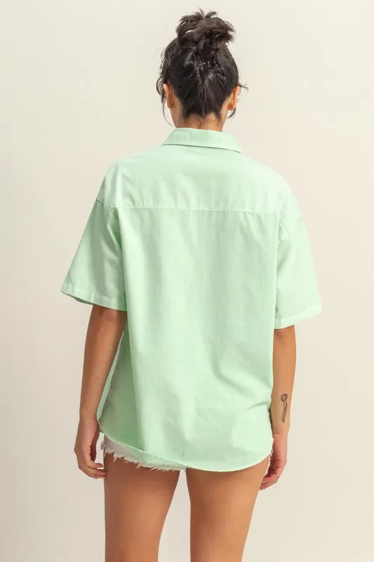 HYFVE Short Sleeve Button Down Oversized Shirt - Premium Women's Down Shirt Tops from Trendsi - Just $34.34! Shop now at Handbags Specialist Headquarter