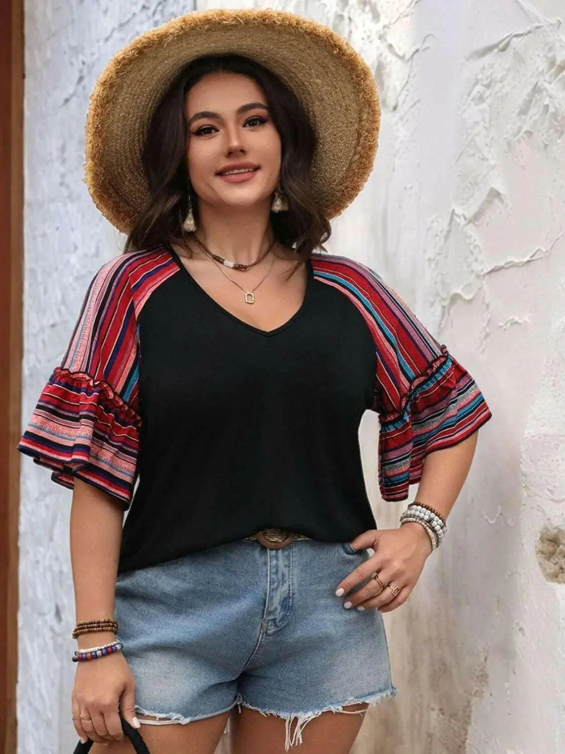 Plus Size V-Neck Flounce Sleeve Top.