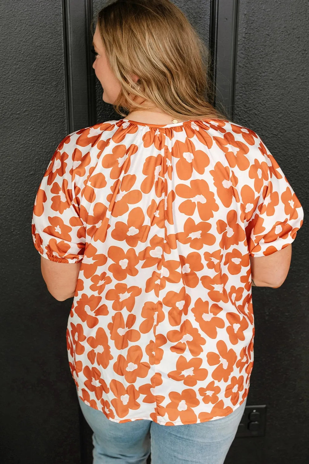 Plus Size Printed Tie Neck Short Sleeve Blouse - Premium Plus Size Shirts from Trendsi - Just $21! Shop now at Handbags Specialist Headquarter