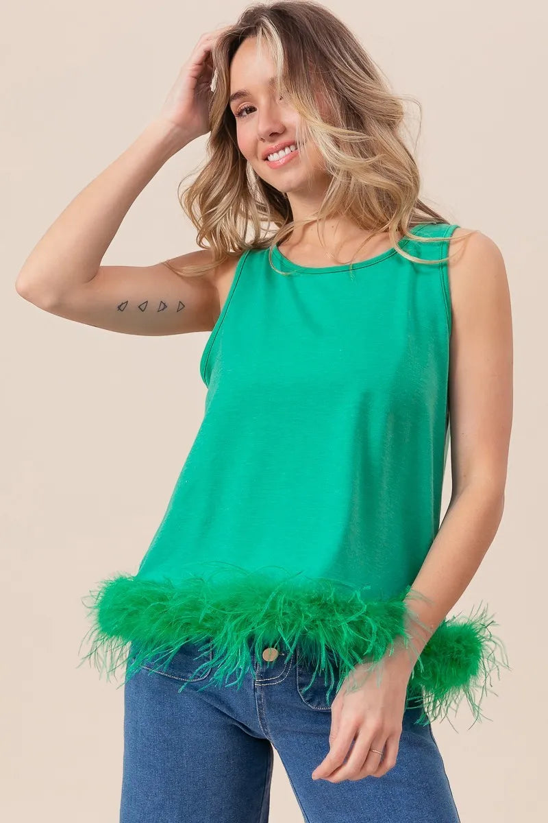 BiBi French Terry Faux Feather Bottom Back Tied Top - Premium Bottoms from Trendsi - Just $42.18! Shop now at Handbags Specialist Headquarter