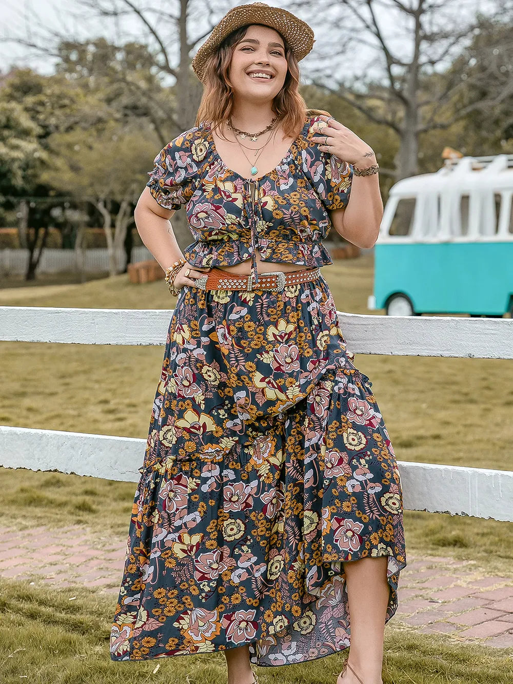 Plus Size Tie Neck Short Sleeve Top and Skirt Set - Premium from Trendsi - Just $50.99! Shop now at Handbags Specialist Headquarter