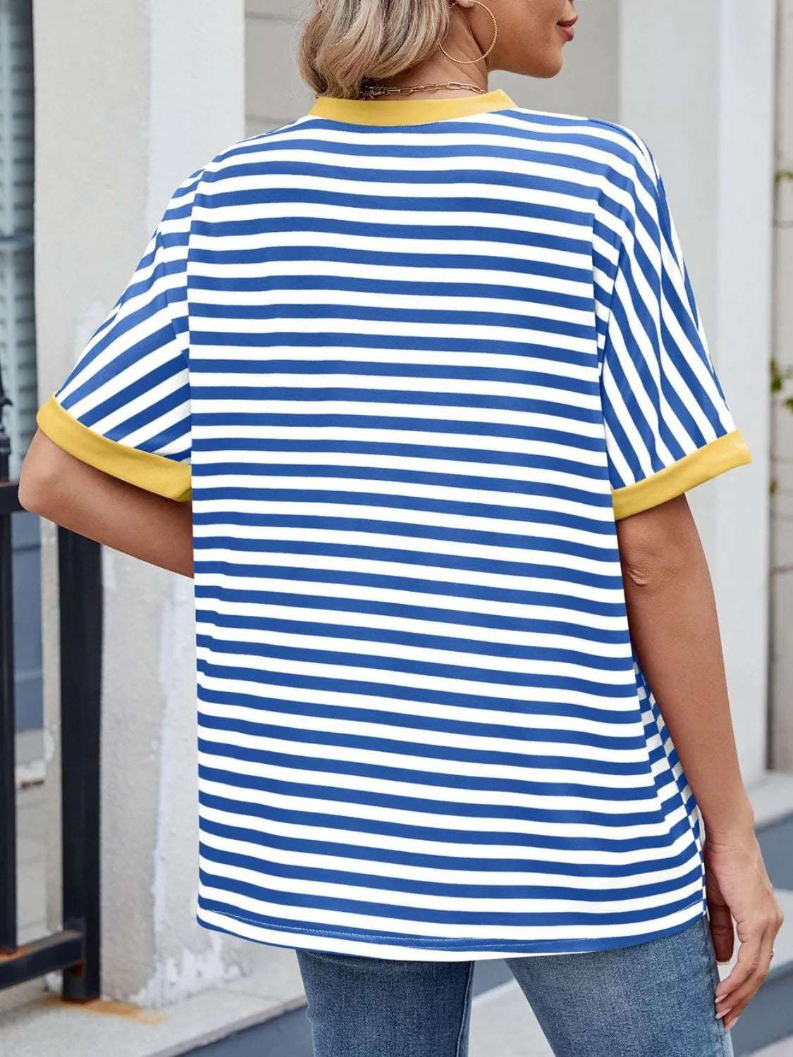 Striped Round Neck Half Sleeve T-Shirt - Premium Women / Tops from Trendsi - Just $19.34! Shop now at Handbags Specialist Headquarter