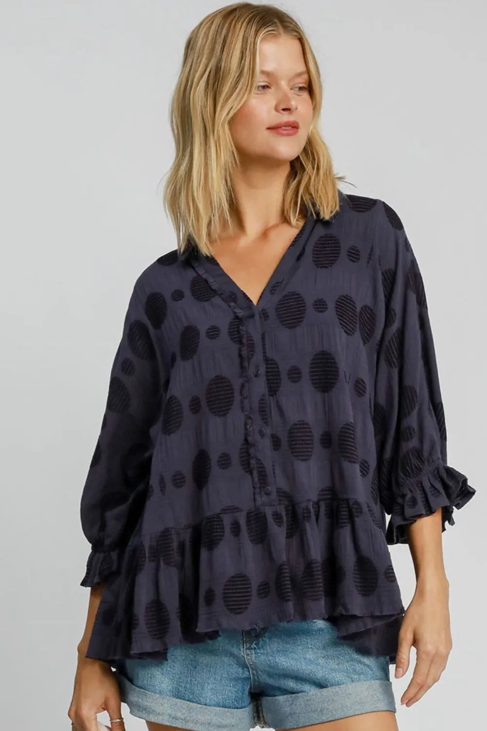 Umgee Full Size Swiss Dot Half Button Flounce Sleeve Blouse Plus Size - Premium Dresses from Trendsi - Just $53.99! Shop now at Handbags Specialist Headquarter