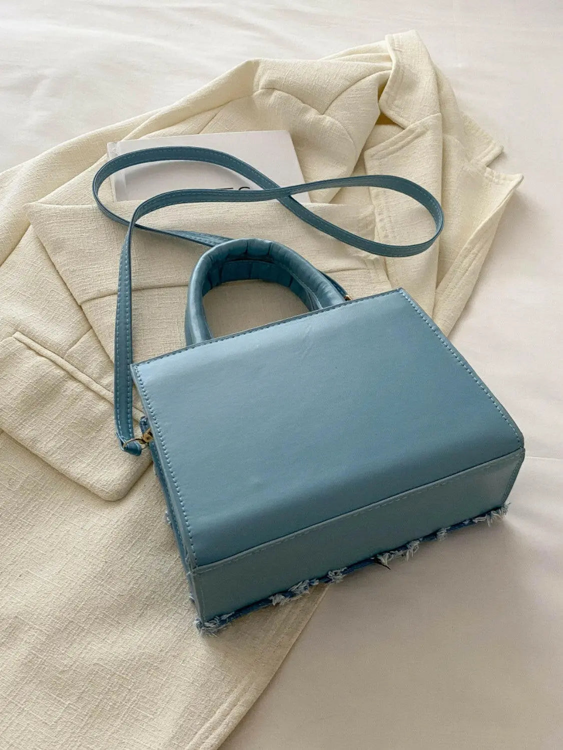 Raw Hem Denim PU Leather Handbag.