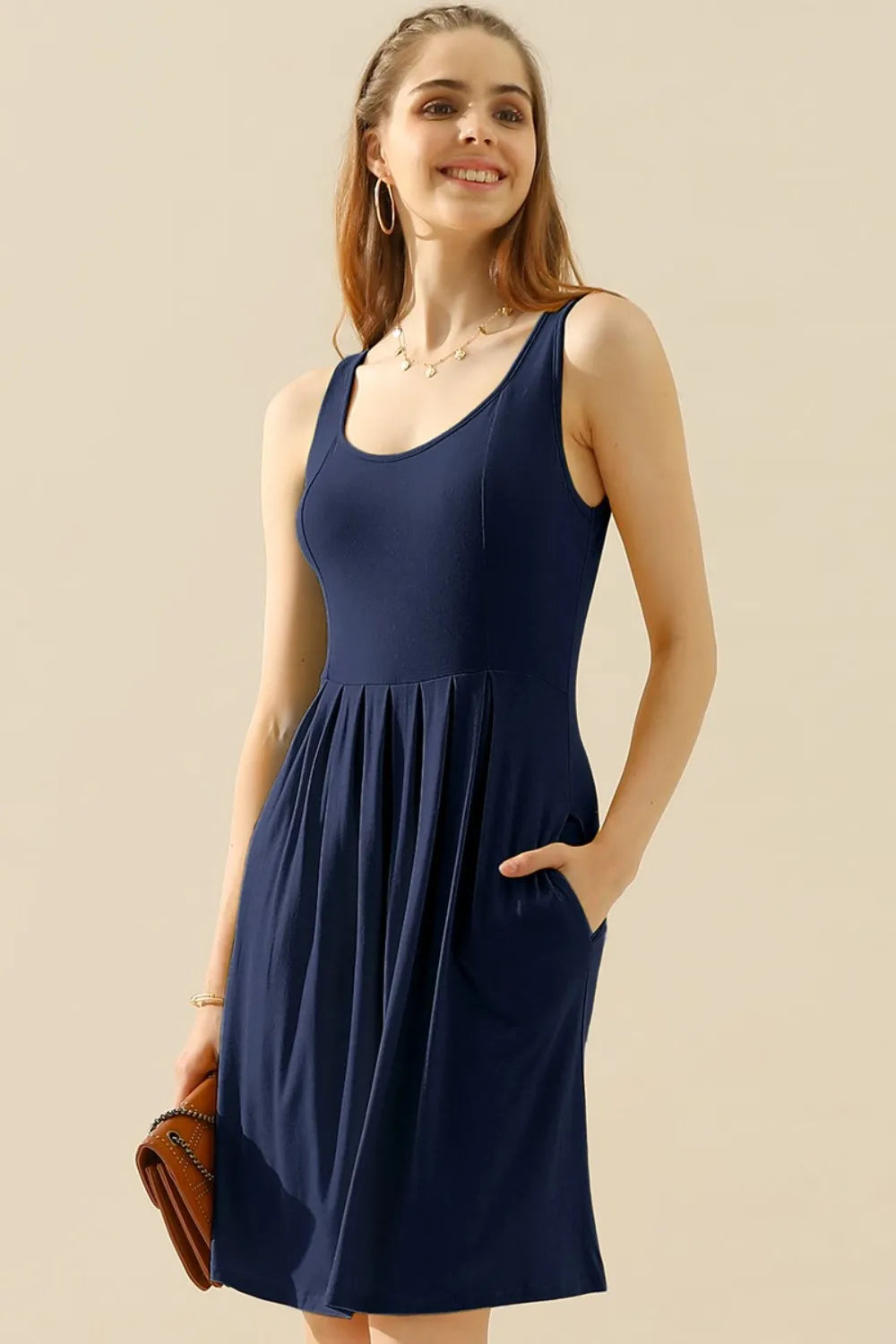 Doublju Full Size Round Neck Ruched Sleeveless Dress with Pockets - Premium Dresses from Trendsi - Just $15.99! Shop now at Handbags Specialist Headquarter