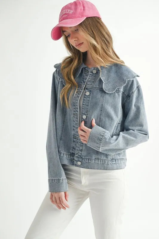 MABLE Scallop Peter Pan Collar Denim Jacket - Premium Women / Jeans & Denim from Trendsi - Just $64.90! Shop now at Handbags Specialist Headquarter