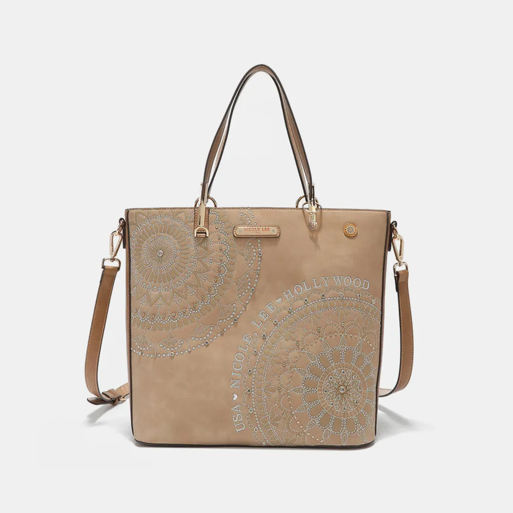 Nicole Lee USA Metallic Stitching Embroidery Inlaid Rhinestone Tote Bag - Premium Tote Bag from Trendsi - Just $64.99! Shop now at Handbags Specialist Headquarter