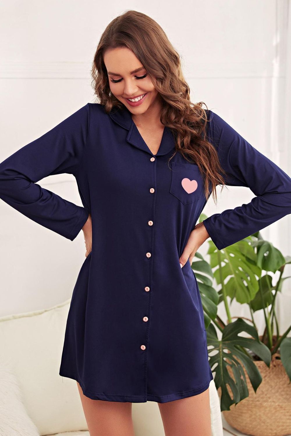 Heart Graphic Lapel Collar Night Shirt Dress - Premium Sleepwear from Trendsi - Just $27! Shop now at Handbags Specialist Headquarter