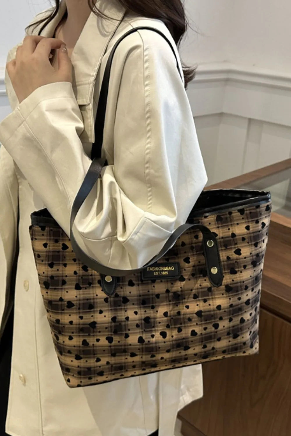 Heart Plaid PU Leather Strap Tote Bag - Premium Tote Bag from Trendsi - Just $29.99! Shop now at Handbags Specialist Headquarter