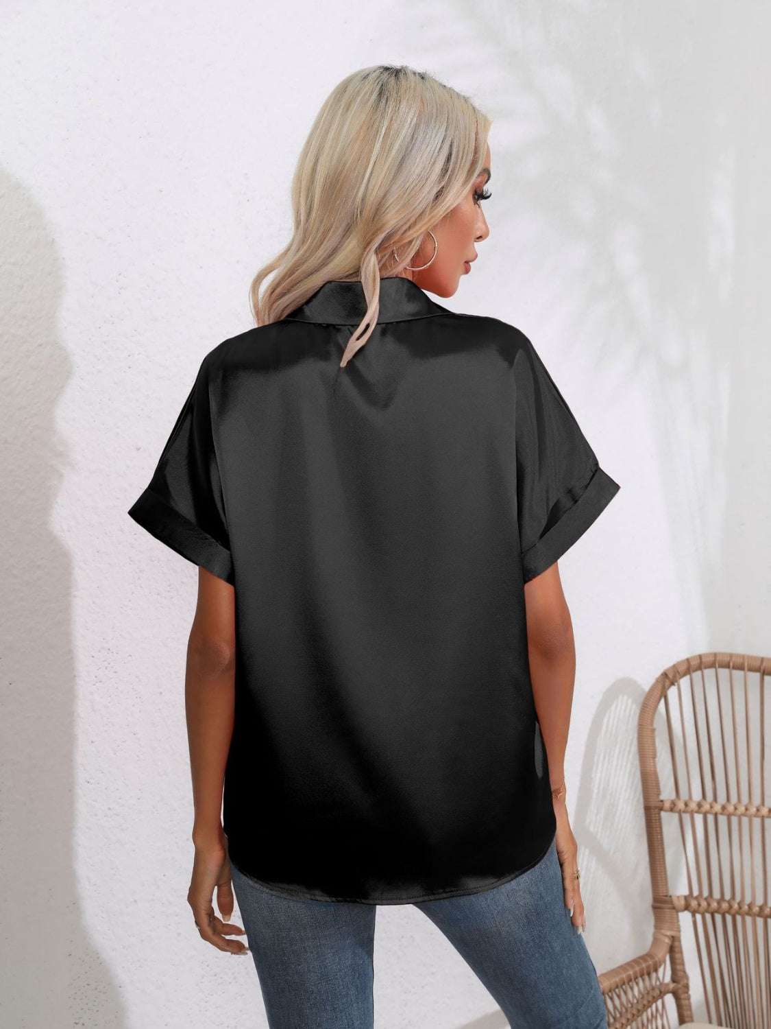 Button Down Collared Neck Short Sleeve Satin Shirt - Premium Women / Tops from Trendsi - Just $18.76! Shop now at Handbags Specialist Headquarter