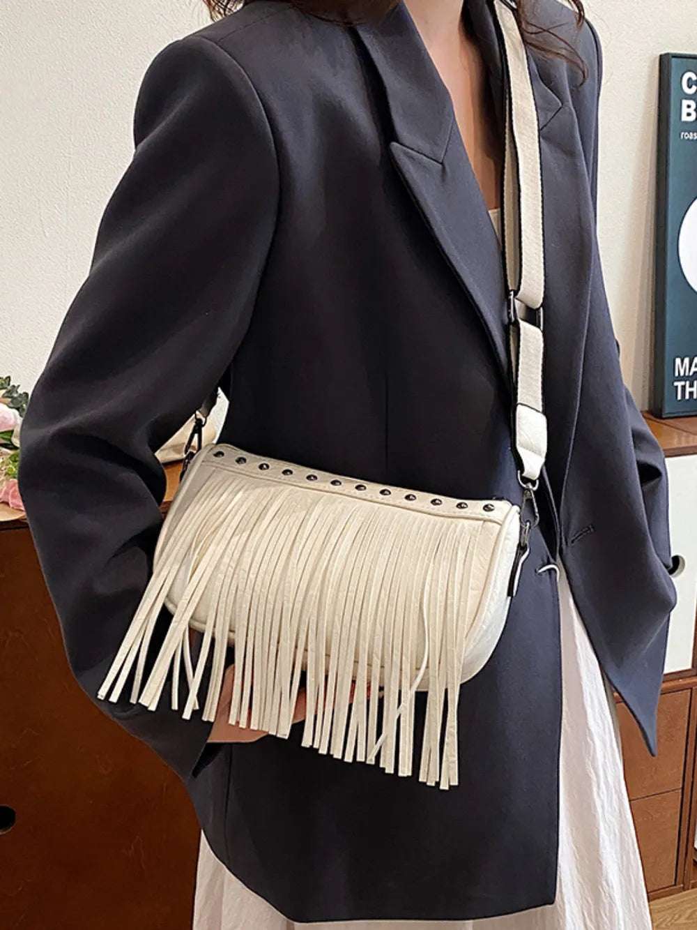 PU Leather Fringe Studded Crossbody Bag - Premium Crossbody Bag from Trendsi - Just $29.99! Shop now at Handbags Specialist Headquarter