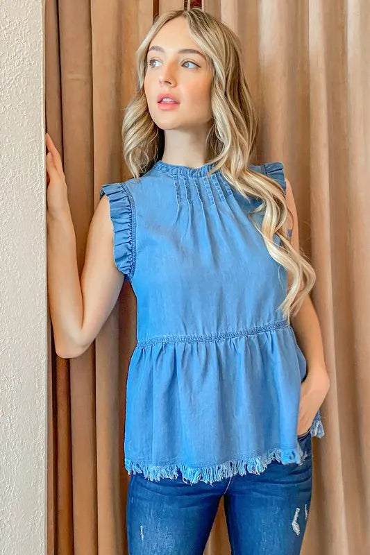 And The Why Chambray Ruffle Sleeveless Top - Premium Women / Jeans & Denim from Trendsi - Just $38.88! Shop now at Handbags Specialist Headquarter