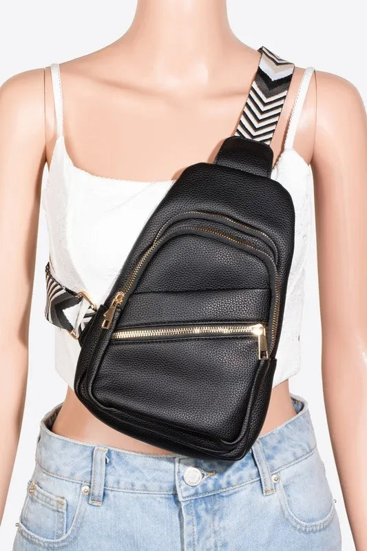 Fame PU Leather Chevron Strap Crossbody Bag - Premium Crossbody Bag from Trendsi - Just $36.99! Shop now at Handbags Specialist Headquarter