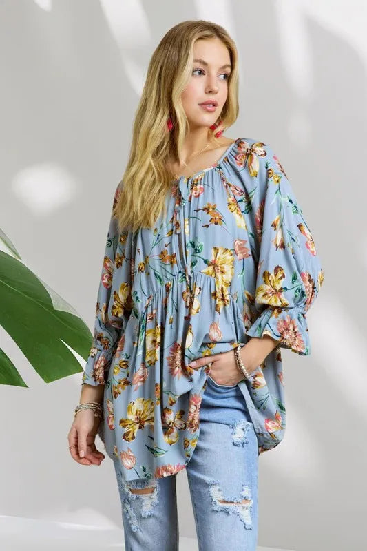 ADORA Floral Peasant Tunic Top - Premium Women / Jeans & Denim from Trendsi - Just $41.74! Shop now at Handbags Specialist Headquarter