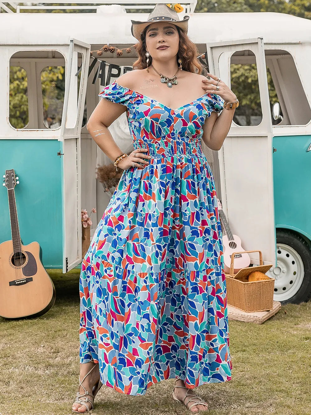 Plus Size Printed Cap Sleeve Dress - Premium Dresses from Trendsi - Just $42.99! Shop now at Handbags Specialist Headquarter