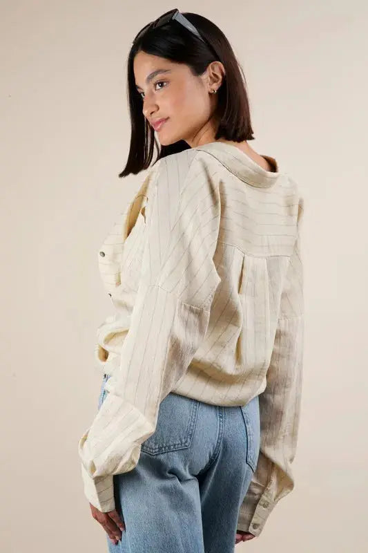 VERY J Plus Size Oversized Striped Button Down Shirt Top.