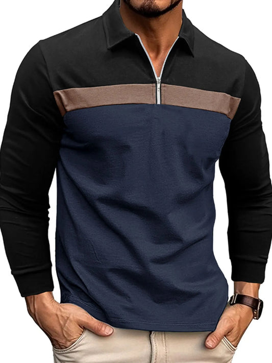 Men's Color Block Long Sleeve Polo Shirt - Premium Men's Polo shirt from Trendsi - Just $39.99! Shop now at Handbags Specialist Headquarter