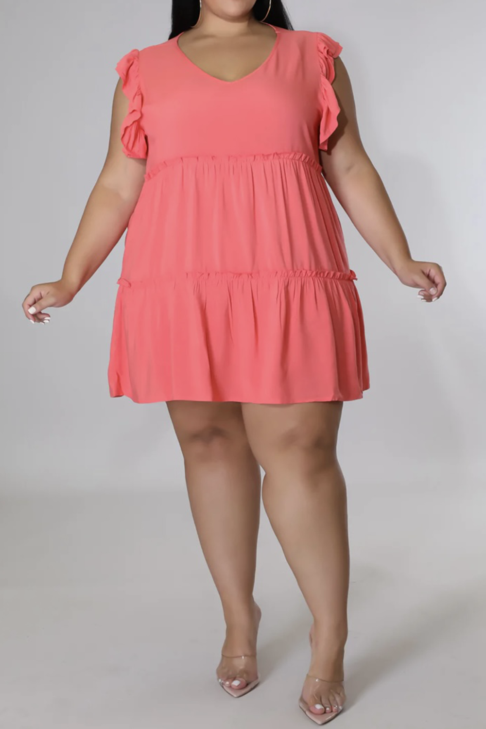 Plus Size V-Neck Frill Trim Mini Dress - Premium Dresses from Trendsi - Just $36.99! Shop now at Handbags Specialist Headquarter