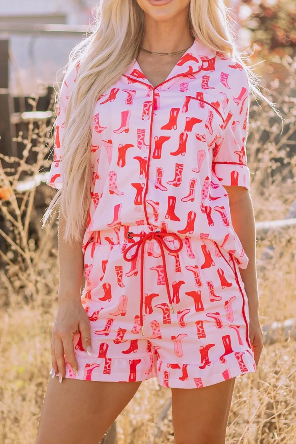 Cowgirl Boots Printed Shirt and Shorts Set - Premium Sleepwear from Trendsi - Just $60.99! Shop now at Handbags Specialist Headquarter