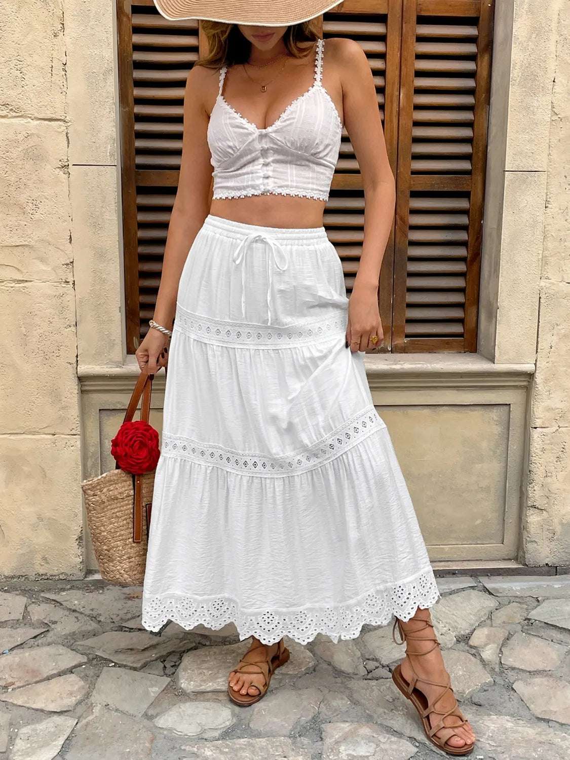 Lace Detail Elastic Waist Skirt - Premium Skirts from Trendsi - Just $48.99! Shop now at Handbags Specialist Headquarter